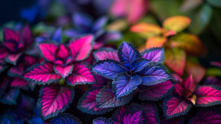 Coleus Black Blue plant with dark, dramatic foliage in an indoor garden setting, enhancing the depth and contrast of the space.