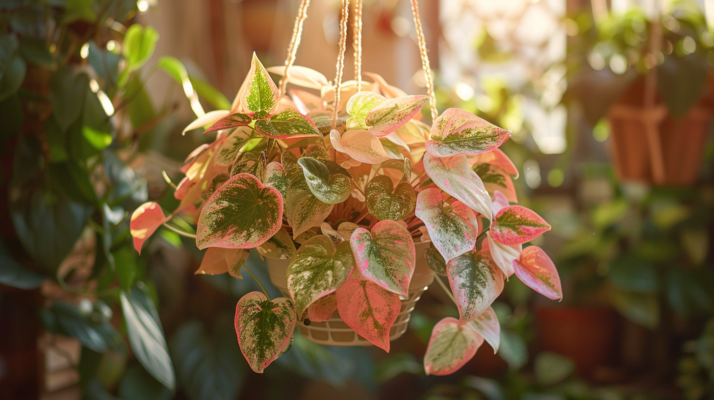 Syngonium Fantasy as unique houseplants with variegated pink, green, and cream leaves, trailing from a hanging basket, bringing dynamic beauty to an indoor space.