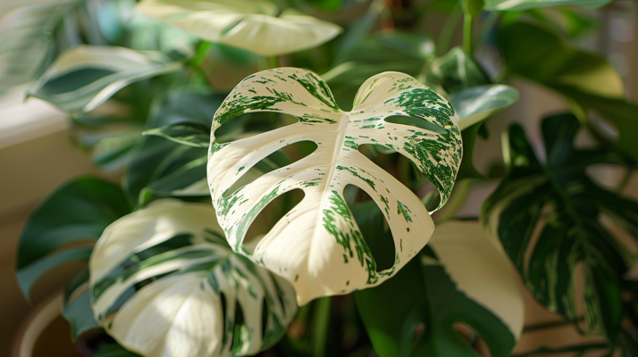 Monstera Albo with large, white and green marbled leaves, adding a tropical elegance to a bright indoor setting.