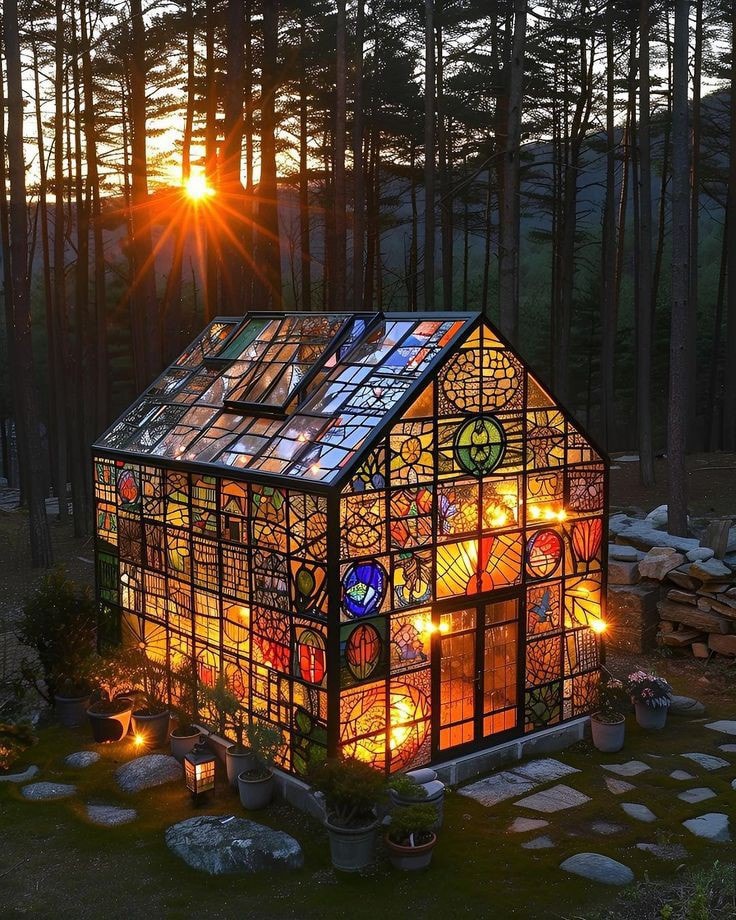 Such a beautiful stained glass greenhouse. Love it