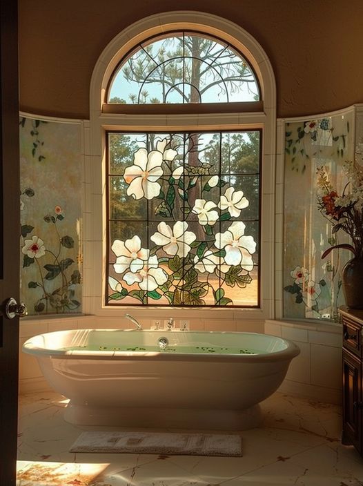 A bath surrounded by the beauty of stained glass blooms