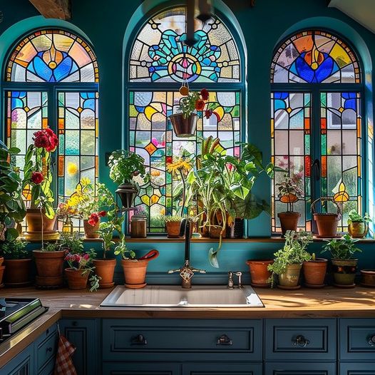 A kitchen garden lit by the colors of stained glass