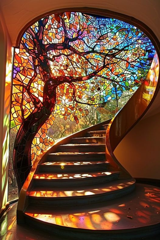 A spiral staircase of light and color