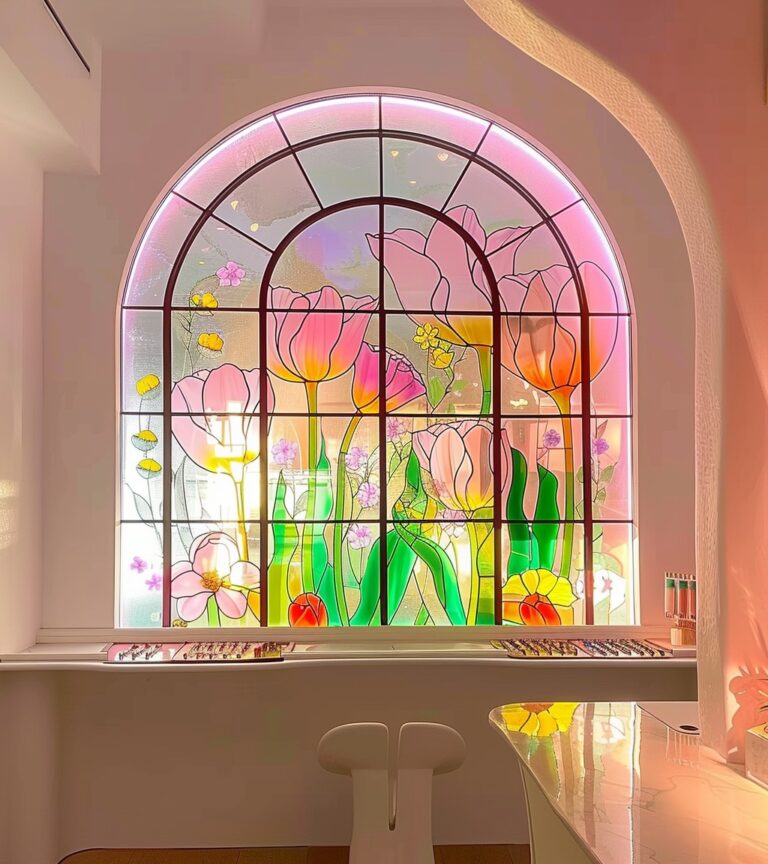 A space filled with the gentle light of stained glass