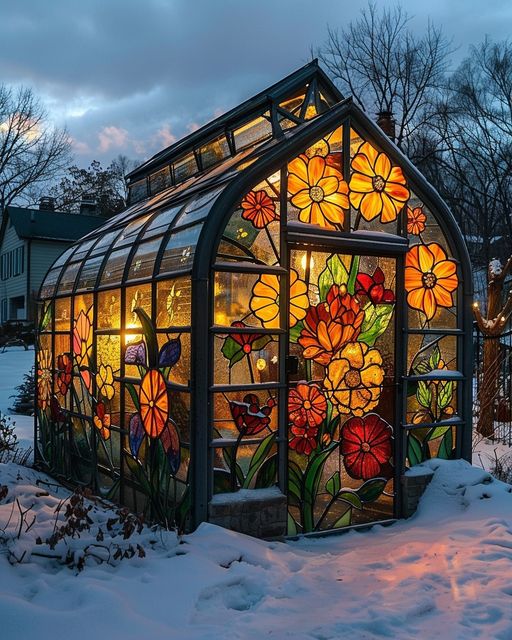 A greenhouse where flowers bloom under the glow of stained glass.