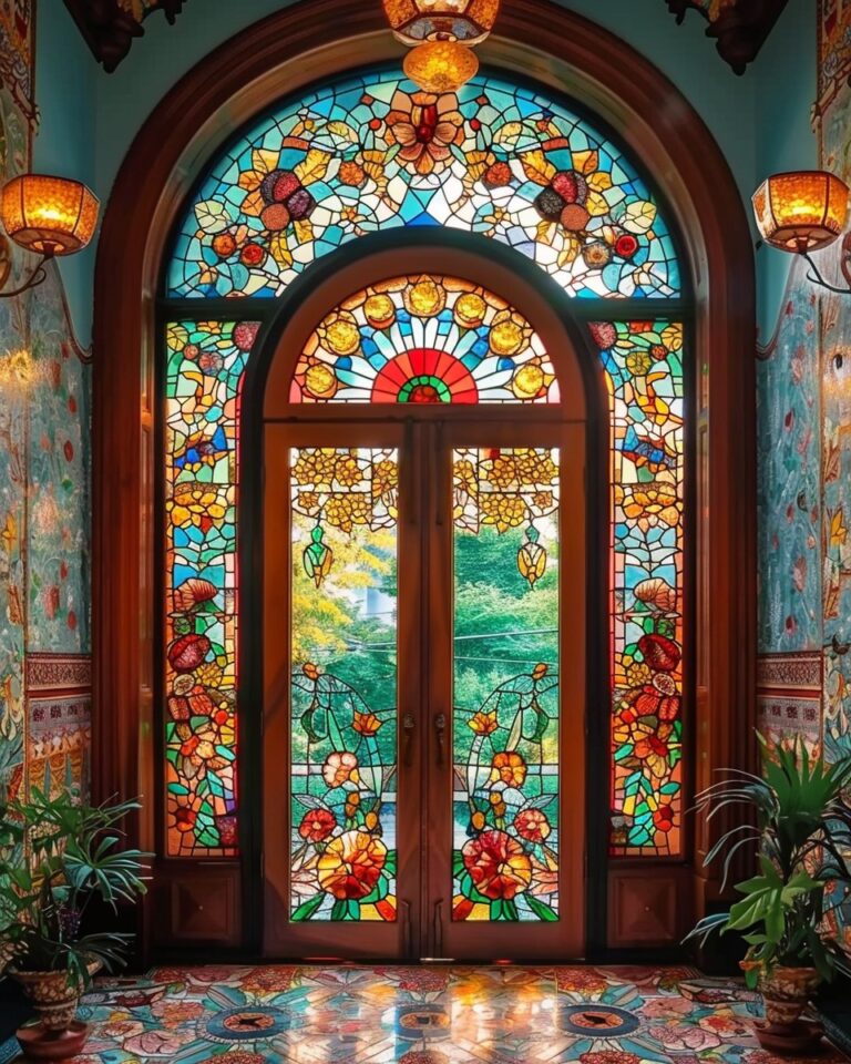 A doorway that welcomes with vibrant blooms and dazzling light