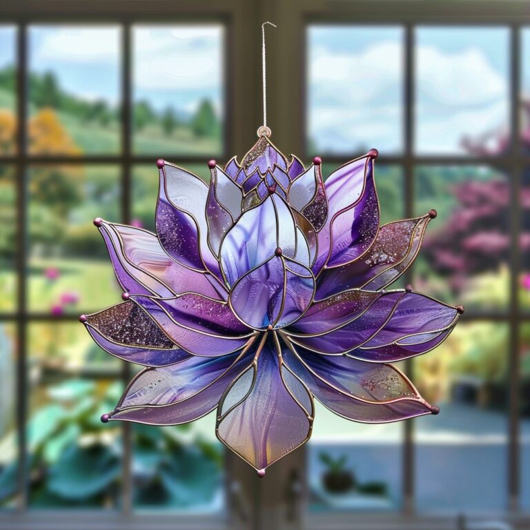 This stunning purple acrylic window hanging, shaped like a lotus flower, radiates a peaceful glow as the light passes through its delicate layers