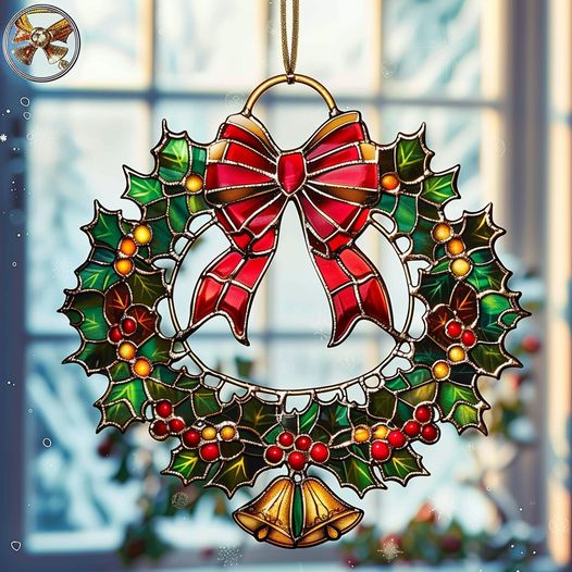 Add a festive touch to your home with this beautiful stained glass Christmas wreath, perfect for the holiday season!