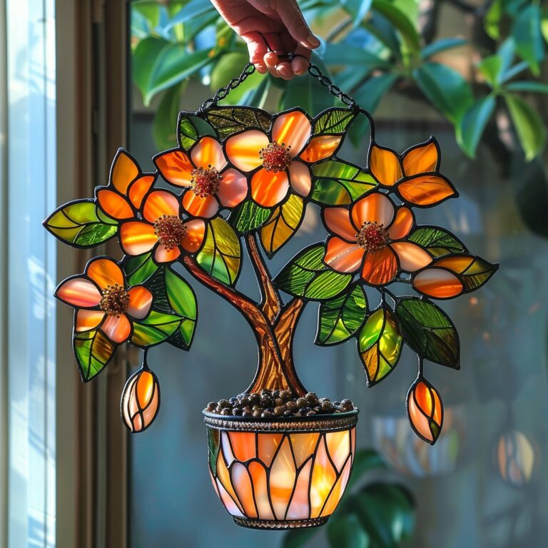 Vibrant orange magnolia flowers . come to life in this stained glass hanging planter, adding warmth and beauty to any room