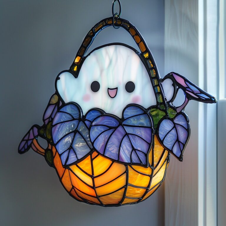 A cute, cheerful ghost  peeks out from a glowing stained glass basket, adding a playful and charming touch to the decor