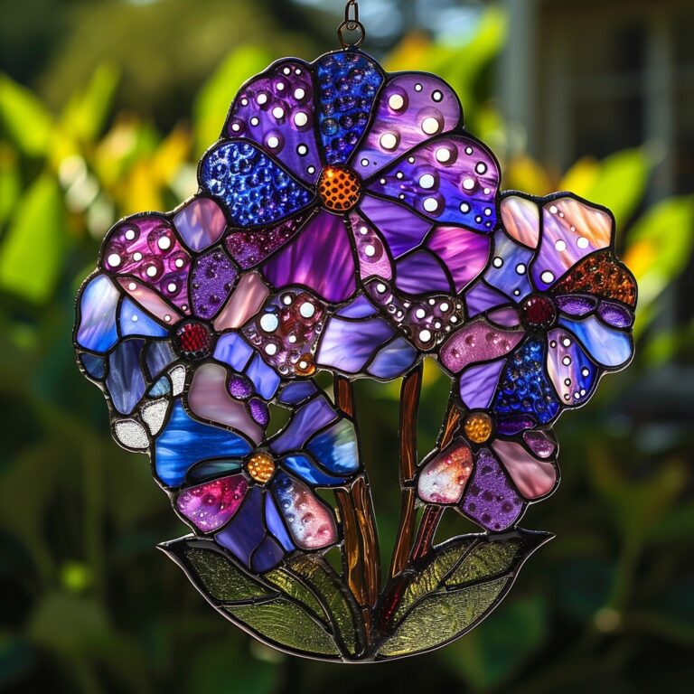 Beautiful stained glass flowers . shine with vibrant purple and blue hues, bringing a touch of elegance to any space