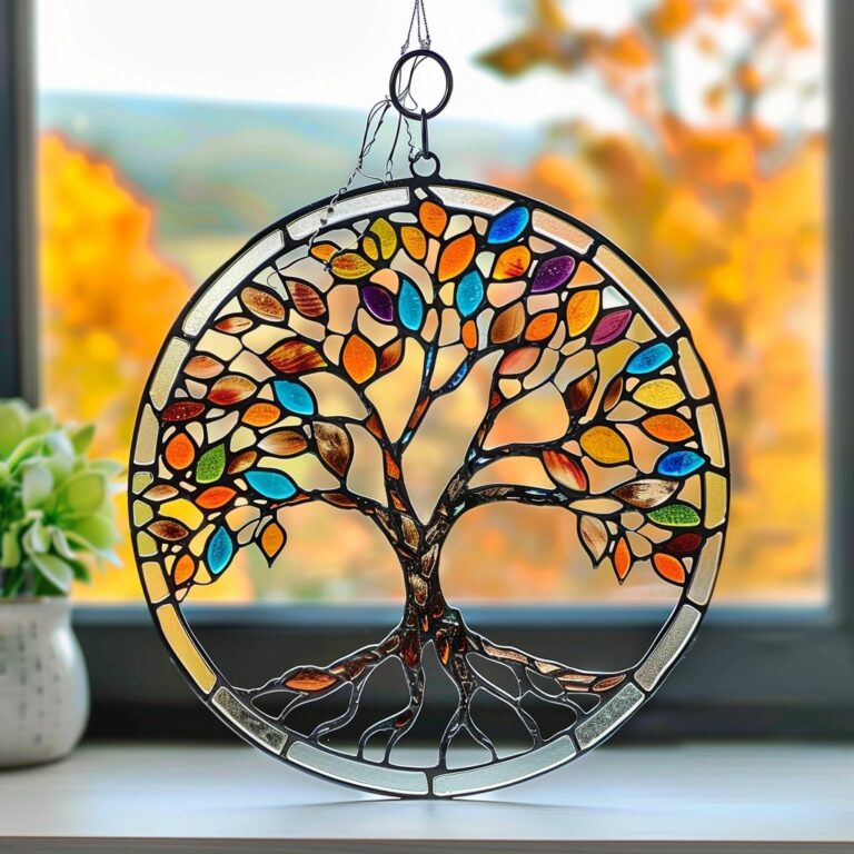 A tree of life captured in glowing glass—ready to hang