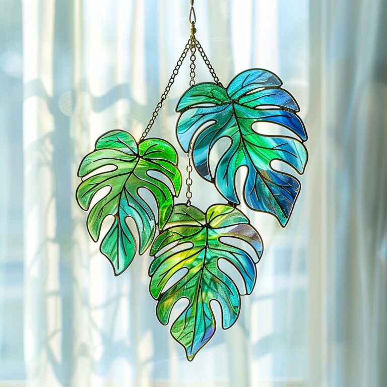 Bring nature indoors with this stunning trio of stained glass Monstera leaves, showcasing beautiful shades of blue and green!