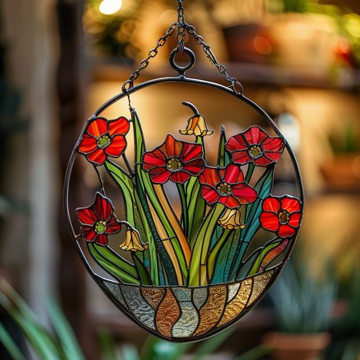 Vibrant red stained glass flowers . bloom beautifully in this artistic hanging planter, adding a touch of warmth and elegance