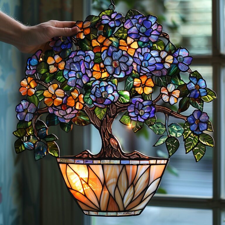 Vibrant hydrangea blooms 🌸 crafted in stained glass create a stunning display of colors, bringing nature’s beauty indoors with this artistic hanging planter.