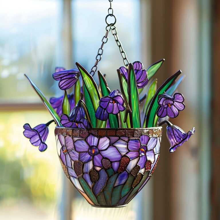 Delicate purple stained glass flowers . gracefully hang from this beautiful planter, adding elegance to any space.