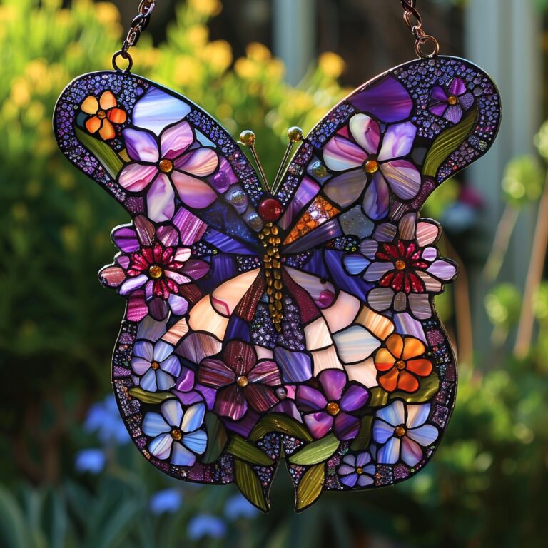 A vibrant stained glass butterfly 🦋 adorned with colorful flowers, bringing beauty and elegance to any space.