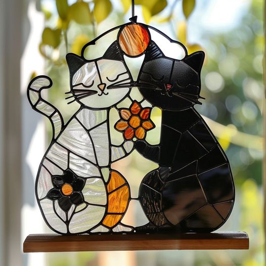 Two adorable stained glass cats 🐾, one black and one white, share a tender moment holding a flower, making this a heartwarming and charming decoration