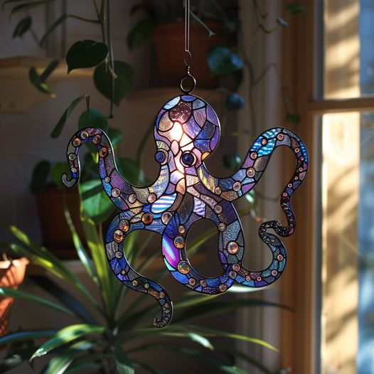 A whimsical stained glass octopus . catches the light, adding a playful and colorful charm to any room