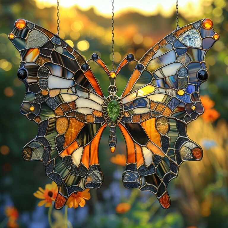 A stunning stained glass butterfly . with rich, earthy tones shines beautifully in the sunlight, adding a touch of elegance to any space.