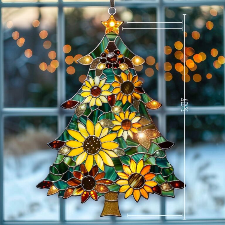 A stained-glass sunflower Christmas tree glowing with holiday warmth and joy!