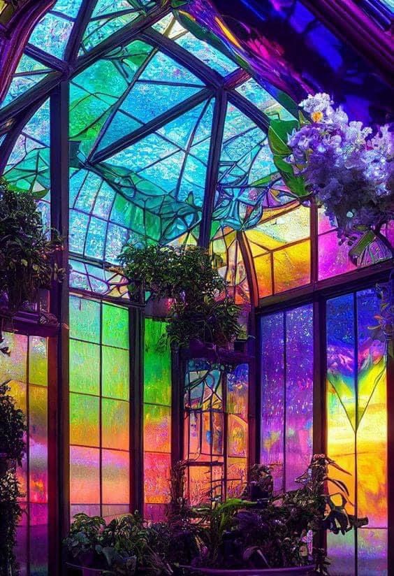 A garden bathed in a rainbow of light—nature and art in perfect harmony.