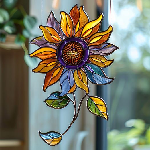 A vibrant stained glass sunflower . with rich colors adds a cheerful touch to any room.