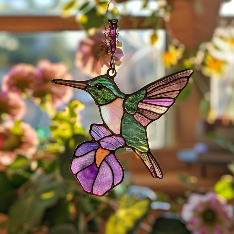 A beautiful stained glass hummingbird . hovers gracefully by a purple flower, adding a touch of nature’s elegance to the decor.