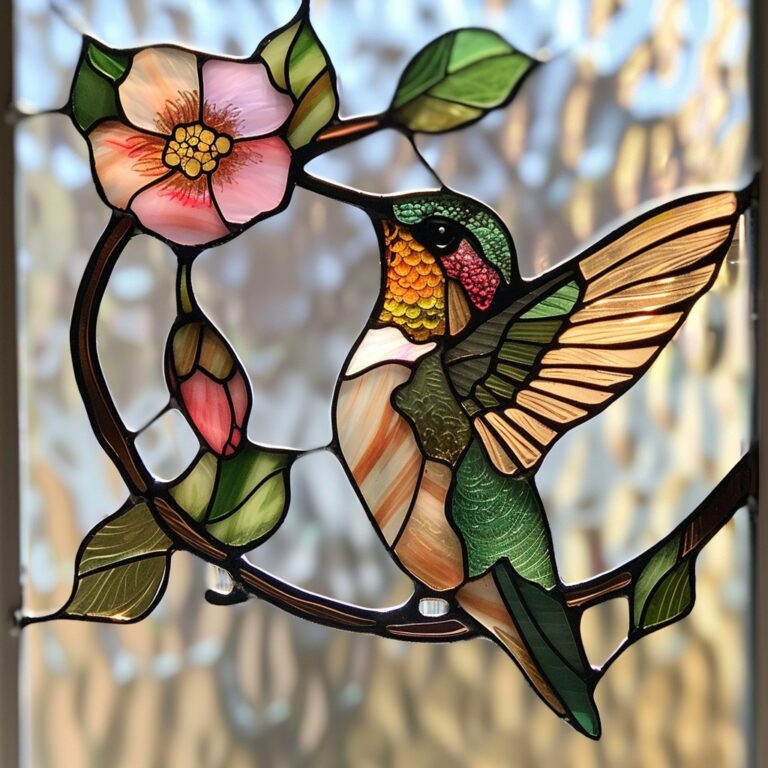 A colorful stained glass hummingbird . delicately sips from a flower, bringing nature’s beauty into your space.