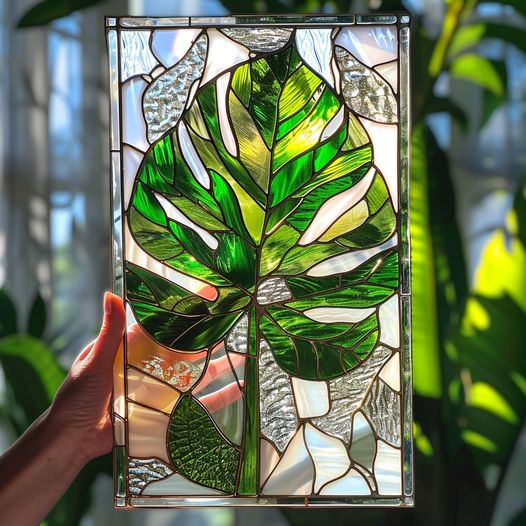 A stunning stained glass Monstera leaf . captures the beauty of nature with its vibrant green hues and intricate design.