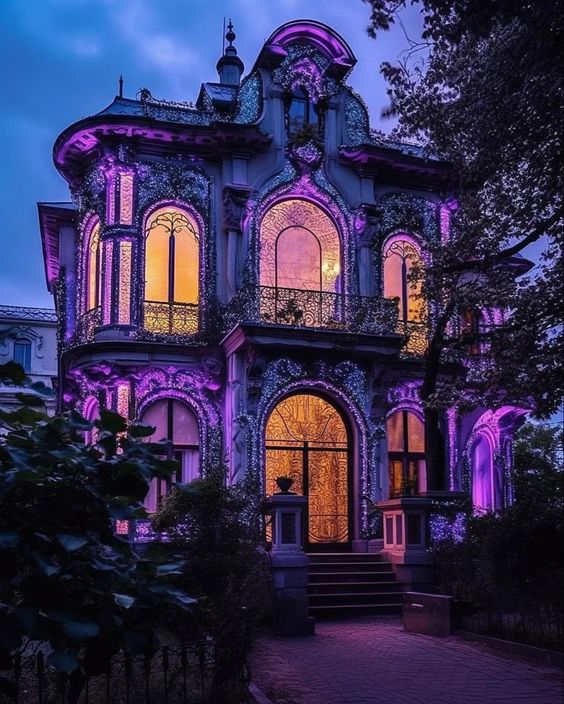 A mystical palace shining under twilight’s embrace, casting spells with every light.