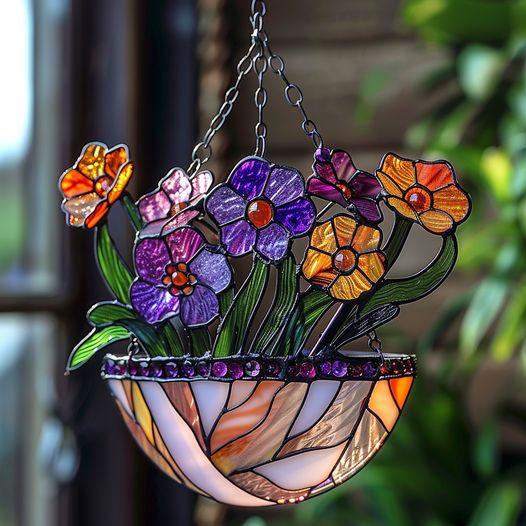 This vibrant arrangement showcases a delightful mix of colorful flowers in a hanging pot, adding a cheerful touch to any space.