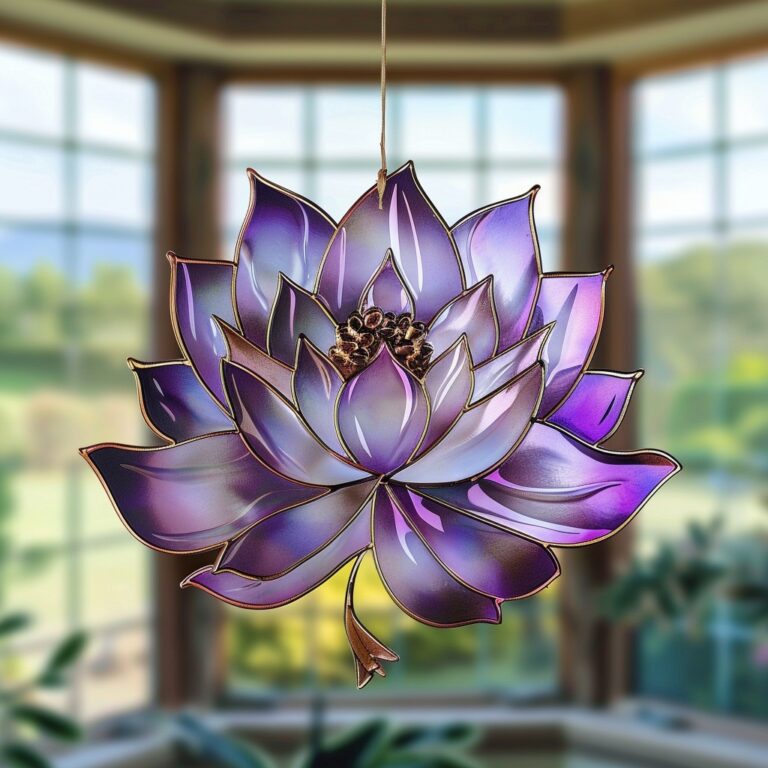 The luminous shades of purple in this lotus suncatcher bring an ethereal beauty to any window, reflecting the serene energy of nature and light.