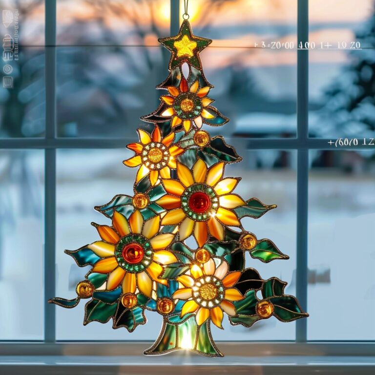 A sunflower-themed stained glass Christmas tree that lights up the holiday season with a warm, rustic glow!