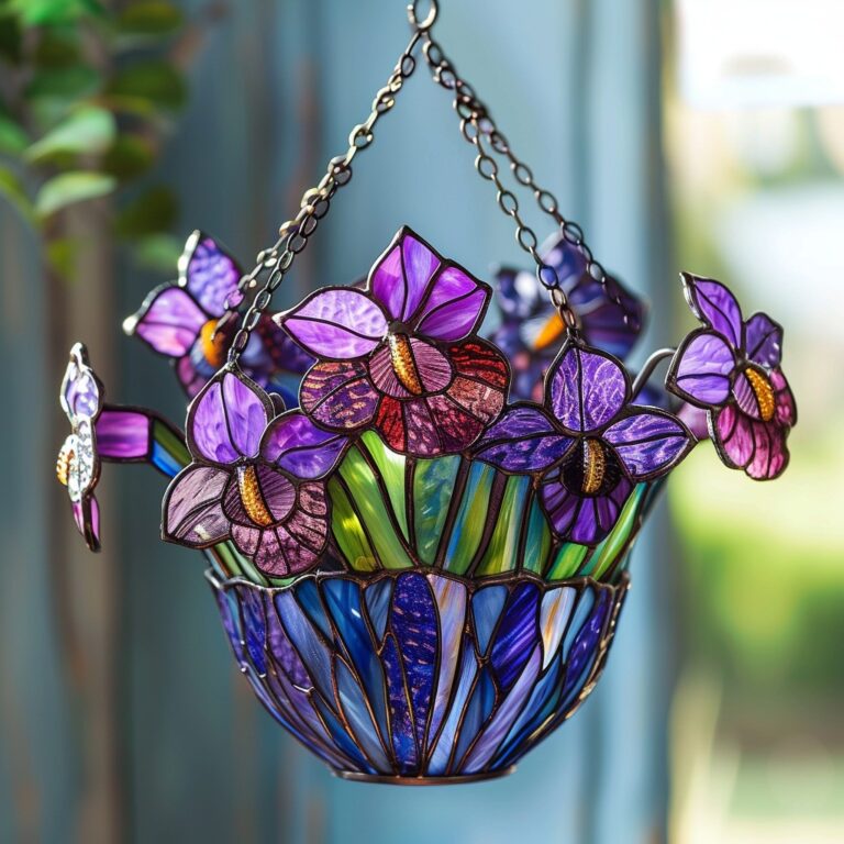 Purple stained glass flowers  in a vibrant hanging pot bring an elegant touch of color and artistry to the space