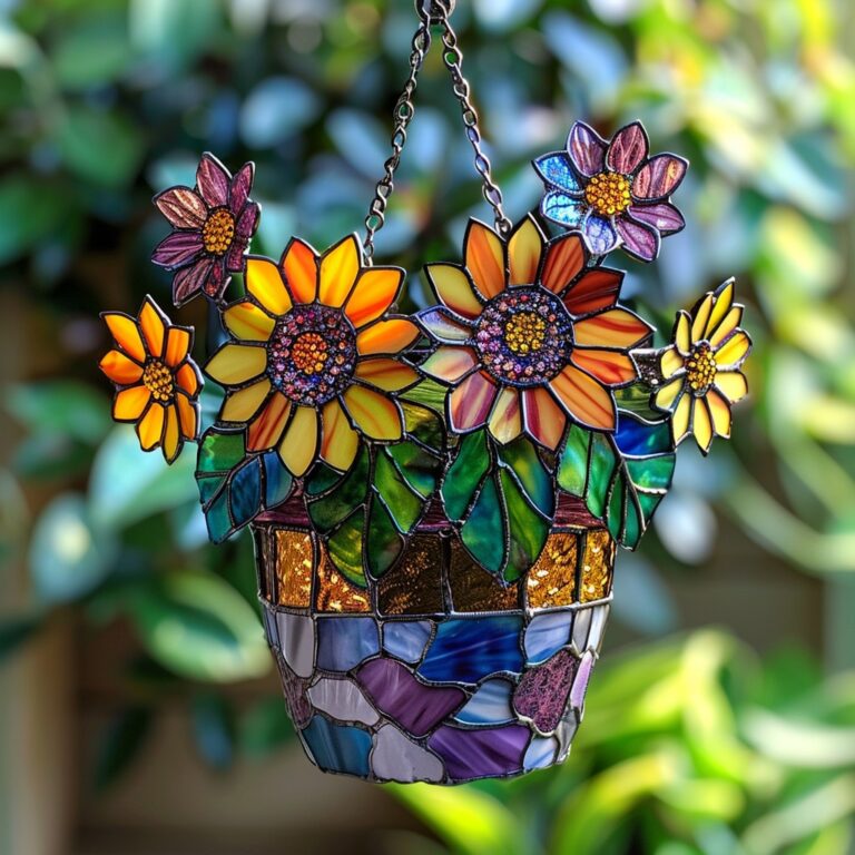 Add a burst of color to your space with this vibrant stained glass sunflower basket, perfect for brightening up any room!