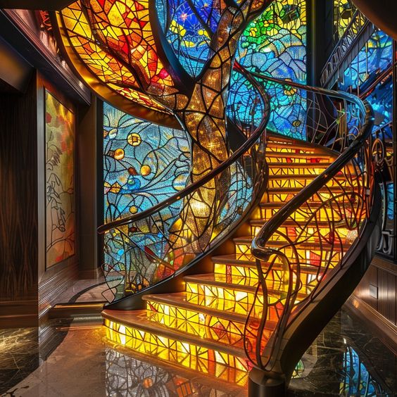 Step into a world of color and light—this magical stained glass staircase is pure art!