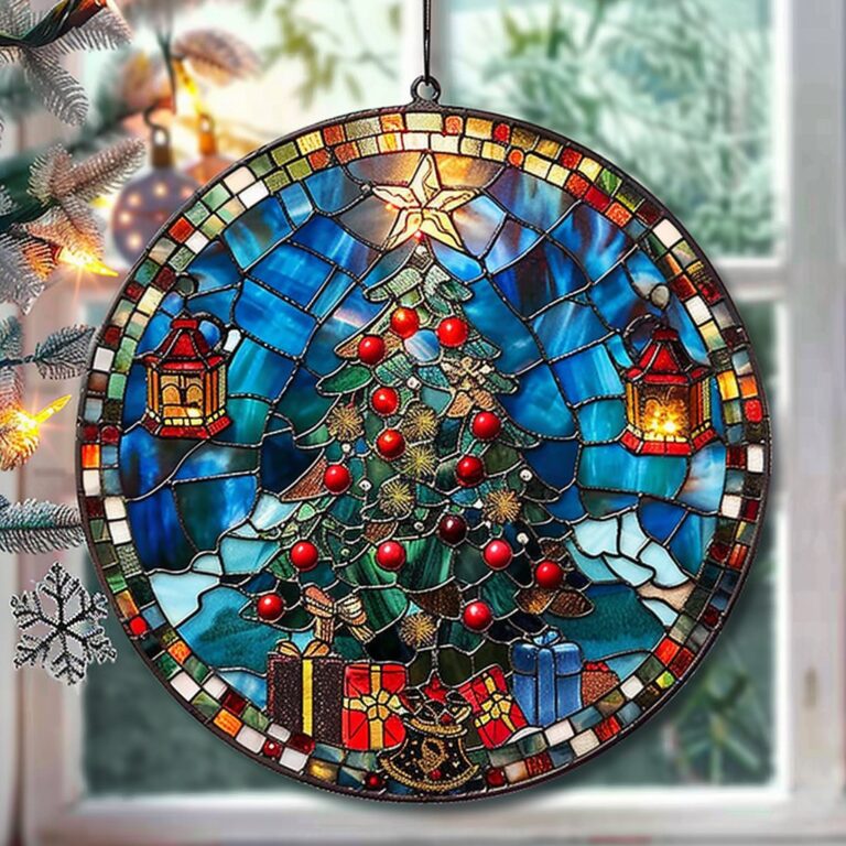 Celebrate the magic of Christmas with this vibrant stained glass window featuring a festive tree and gifts!