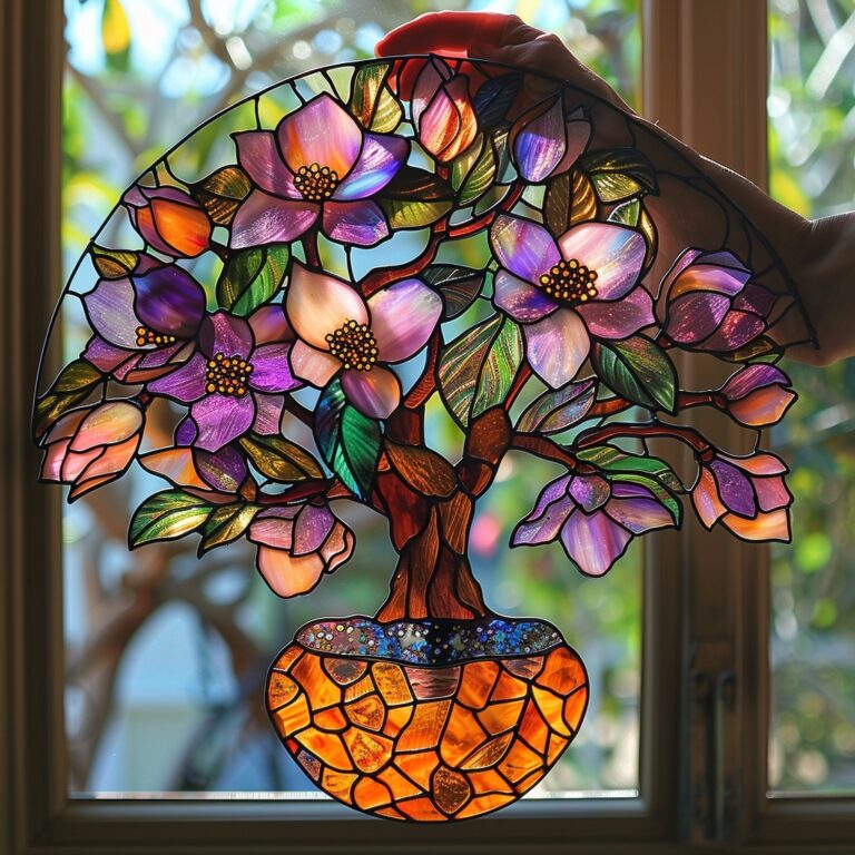 Stunning magnolia blooms . captured in stained glass, this vibrant hanging piece brings the beauty of nature indoors with a colorful, artistic touch.