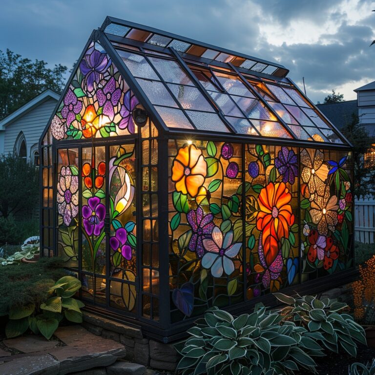 When flowers meet artistry—this radiant stained glass greenhouse is a garden dream come true!