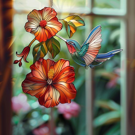 A colorful stained glass scene featuring a hummingbird approaching vibrant orange and red flowers, capturing the beauty of nature in delicate detail.