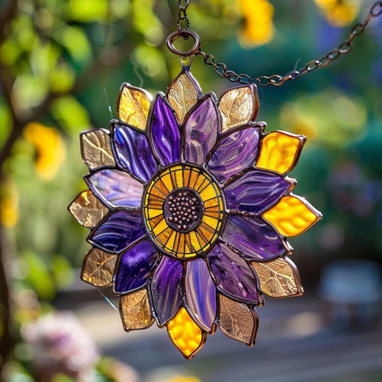 This enchanting stained glass sunflower pendant shines in golden and purple hues, perfect for brightening any space!