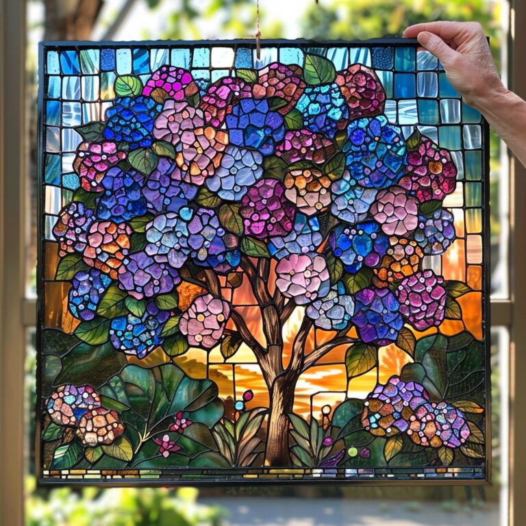 Vibrant stained glass hydrangea bush . beautifully captures nature’s colors.