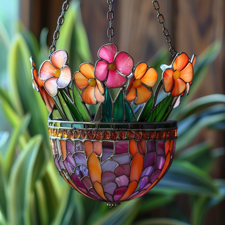 This hanging stained glass piece captures the beauty of bright flowers in full bloom, bringing a touch of nature and color indoors.