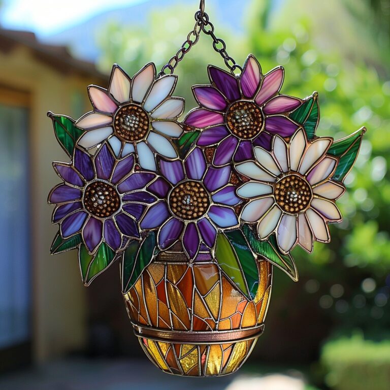 This stunning stained glass bouquet features a blend of soft whites and purples, adding a touch of elegance to any window!